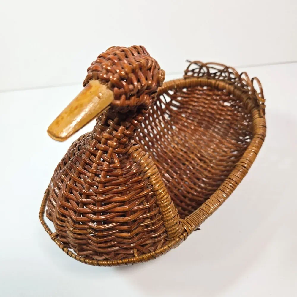 Vintage Wicker Duck Basket Handwoven Chinese Handicraft Farmhouse Cottage Decor